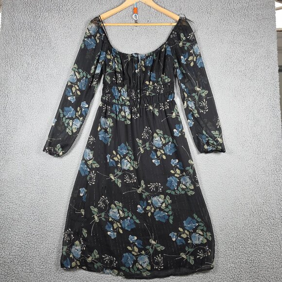 Mi Ami Francesca Midi Dress Small Black Floral Milkmaid Picnic Rouched Metallic - Picture 1 of 14